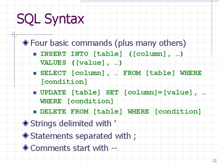 SQL Syntax Four basic commands (plus many others) n n INSERT INTO [table] ([column],