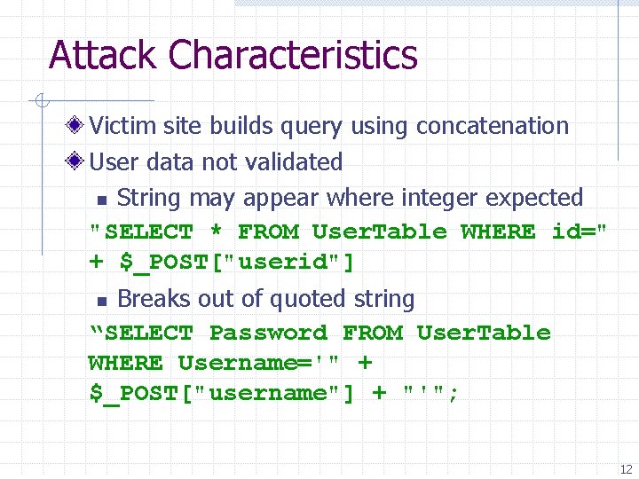 Attack Characteristics Victim site builds query using concatenation User data not validated n String