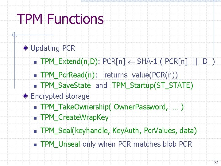 TPM Functions Updating PCR n TPM_Extend(n, D): PCR[n] SHA-1 ( PCR[n] || D )