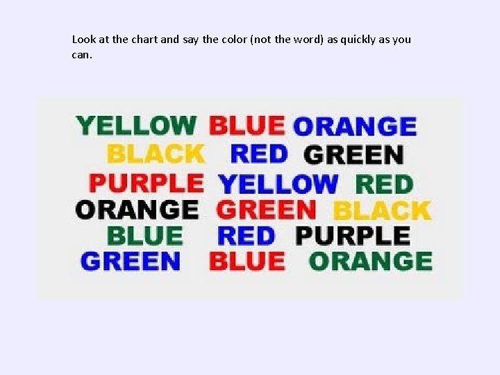 Look at the chart and say the color (not the word) as quickly as