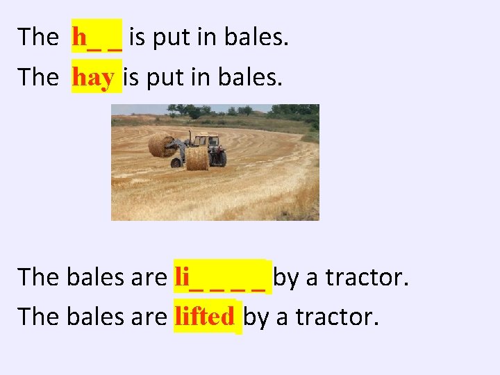 The h_ _ is put in bales. The hay is put in bales. The