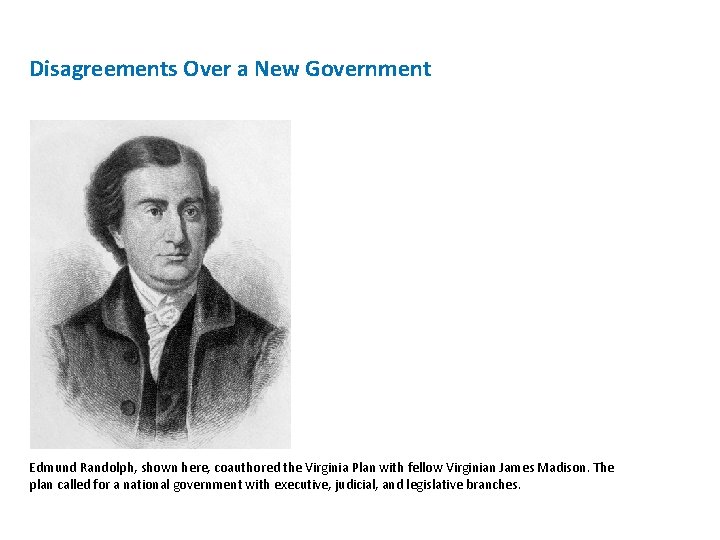 Disagreements Over a New Government Edmund Randolph, shown here, coauthored the Virginia Plan with