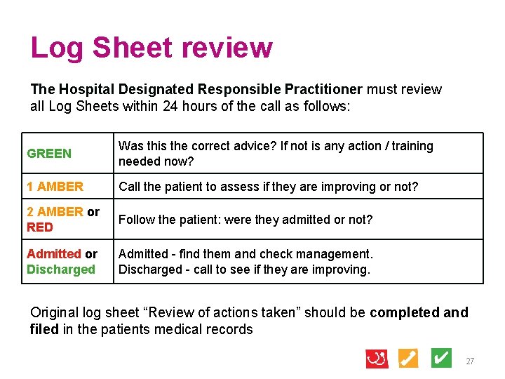 Log Sheet review The Hospital Designated Responsible Practitioner must review all Log Sheets within