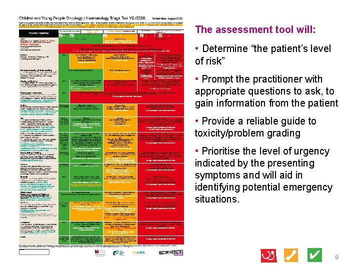 The assessment tool will: • Determine “the patient’s level of risk” • Prompt the