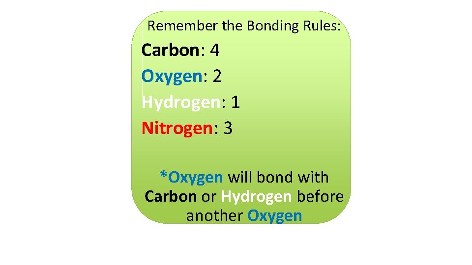 Remember the Bonding Rules: Carbon: 4 Oxygen: 2 Hydrogen: 1 Nitrogen: 3 *Oxygen will