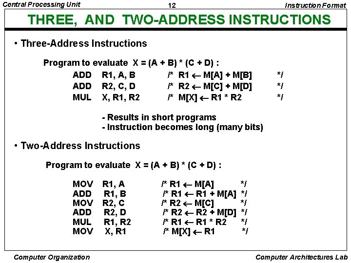 Central Processing Unit 12 Instruction Format THREE, AND TWO-ADDRESS INSTRUCTIONS • Three-Address Instructions Program