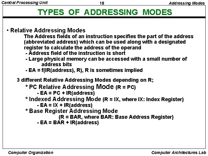 Central Processing Unit 18 Addressing Modes TYPES OF ADDRESSING MODES • Relative Addressing Modes