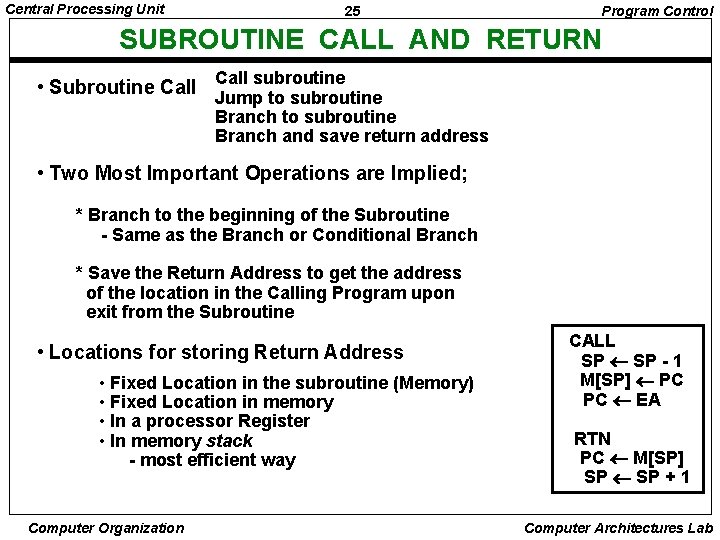 Central Processing Unit 25 Program Control SUBROUTINE CALL AND RETURN Call subroutine • Subroutine