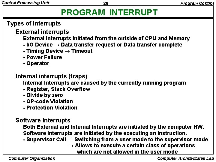 Central Processing Unit 26 Program Control PROGRAM INTERRUPT Types of Interrupts External interrupts External