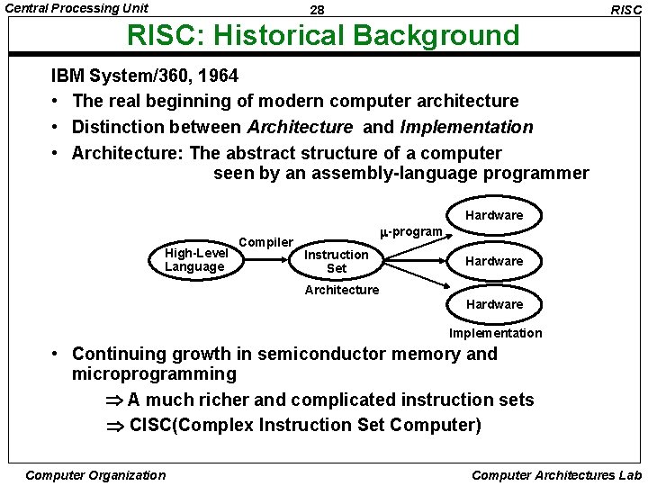 Central Processing Unit 28 RISC: Historical Background IBM System/360, 1964 • The real beginning