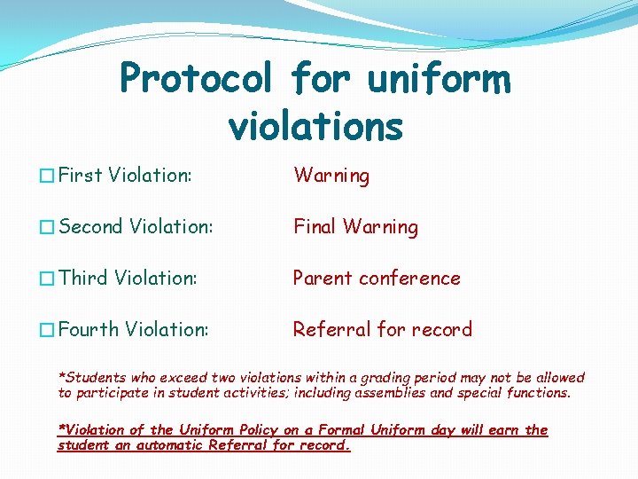 Protocol for uniform violations �First Violation: Warning �Second Violation: Final Warning �Third Violation: Parent