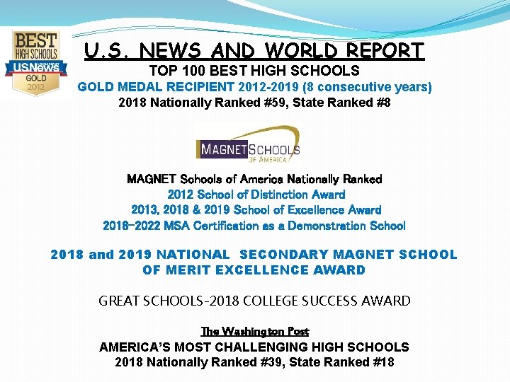 U. S. NEWS AND WORLD REPORT TOP 100 BEST HIGH SCHOOLS GOLD MEDAL RECIPIENT