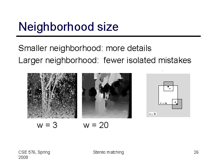 Neighborhood size Smaller neighborhood: more details Larger neighborhood: fewer isolated mistakes w=3 CSE 576,