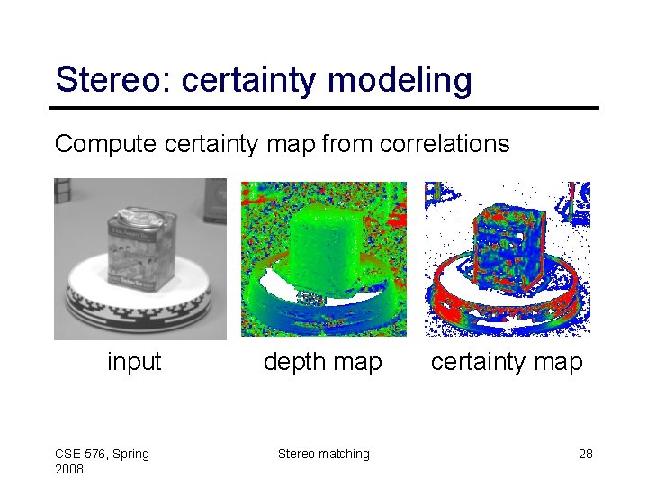 Stereo: certainty modeling Compute certainty map from correlations input CSE 576, Spring 2008 depth