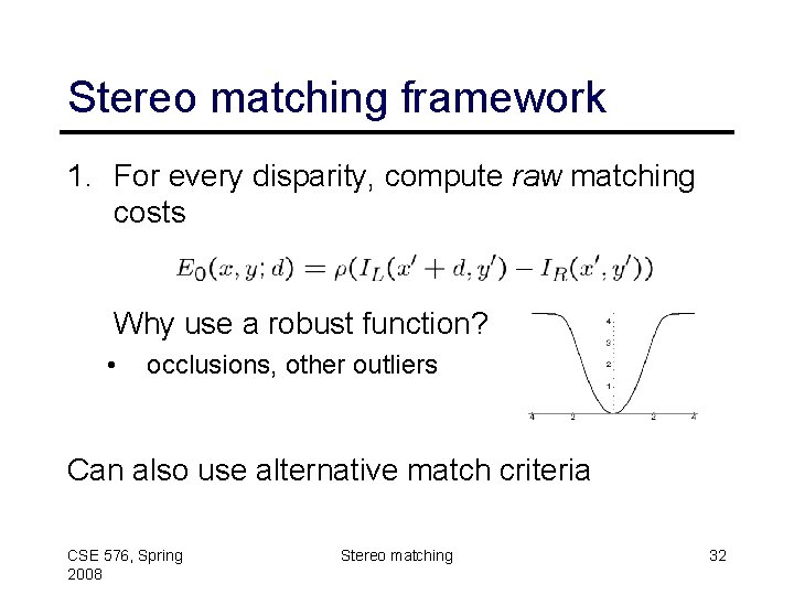 Stereo matching framework 1. For every disparity, compute raw matching costs Why use a