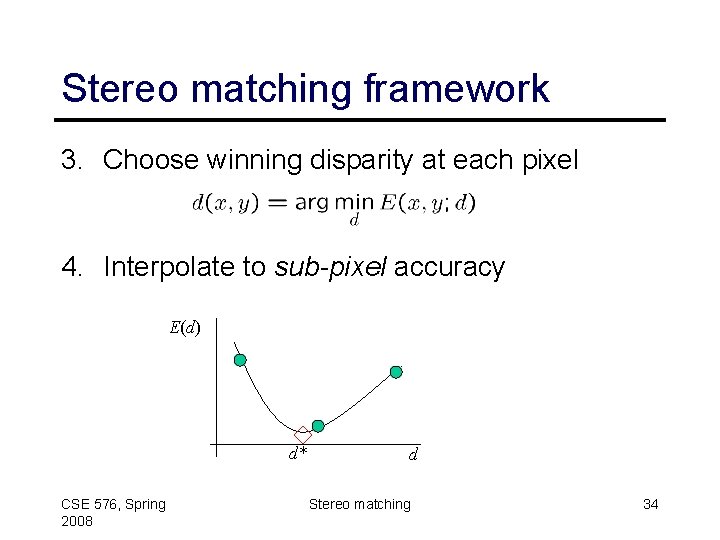 Stereo matching framework 3. Choose winning disparity at each pixel 4. Interpolate to sub-pixel