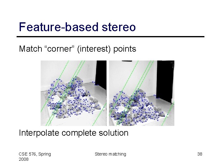 Feature-based stereo Match “corner” (interest) points Interpolate complete solution CSE 576, Spring 2008 Stereo