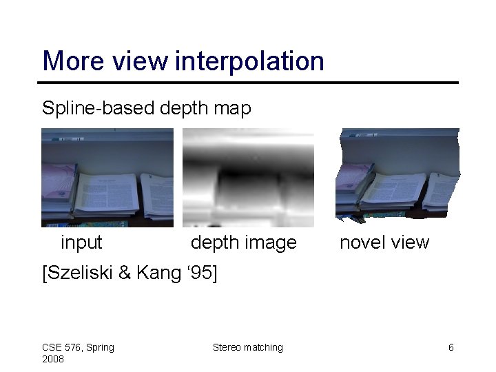 More view interpolation Spline-based depth map input depth image novel view [Szeliski & Kang