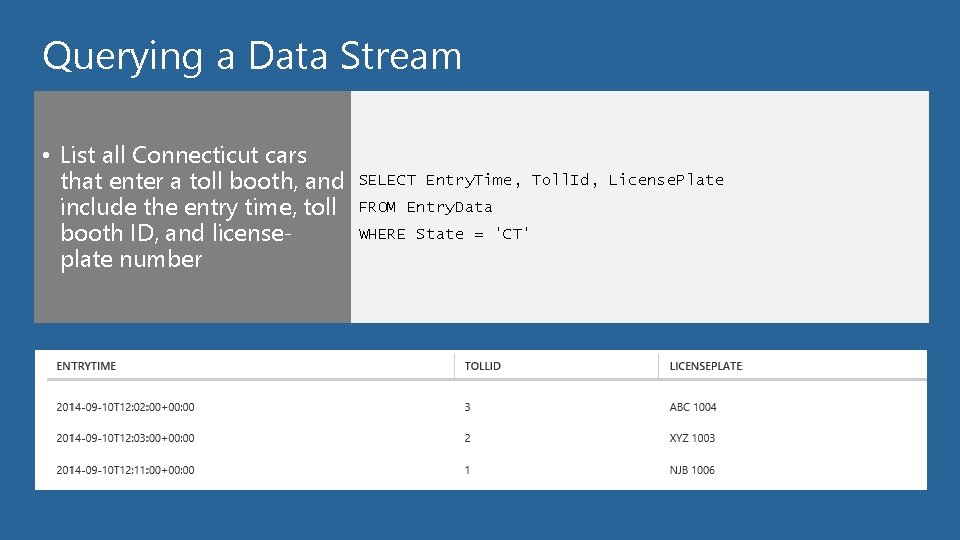 Querying a Data Stream • List all Connecticut cars that enter a toll booth,