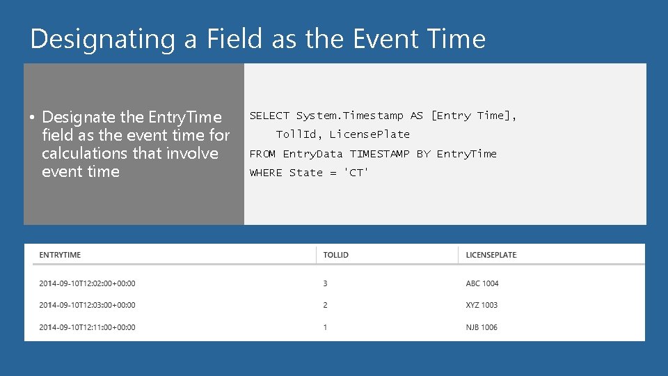 Designating a Field as the Event Time • Designate the Entry. Time field as