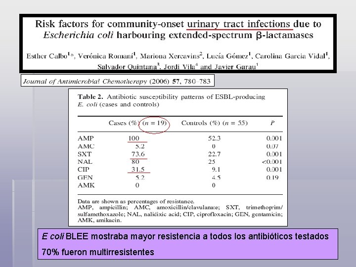 E coli BLEE mostraba mayor resistencia a todos los antibióticos testados 70% fueron multirresistentes