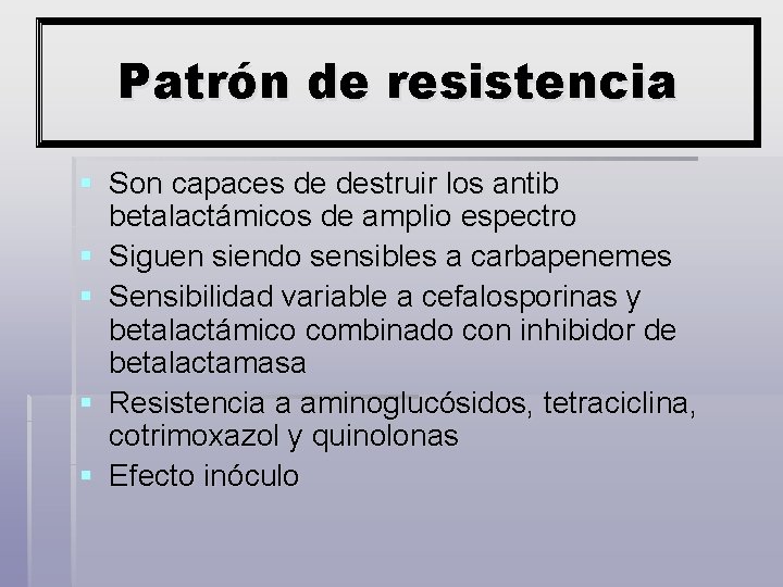 Patrón de resistencia § Son capaces de destruir los antib betalactámicos de amplio espectro