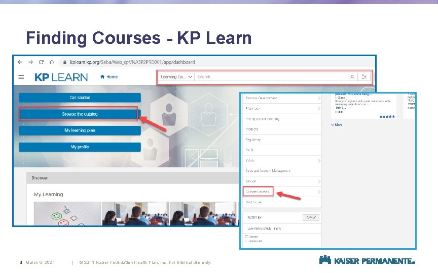 Finding Courses - KP Learn 8 March 6, 2021 | © 2011 Kaiser Foundation Finding Courses - KP Learn 8 March 6, 2021 | © 2011 Kaiser Foundation
