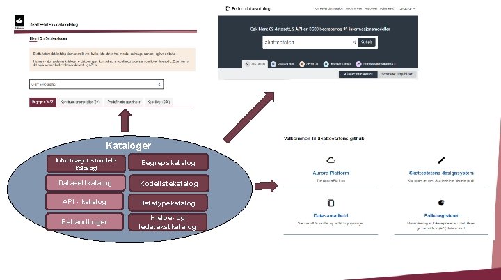 Kataloger Informasjonsmodellkatalog Begrepskatalog Datasettkatalog Kodelistekatalog API - katalog Datatypekatalog Behandlinger Hjelpe- og ledetekstkatalog 