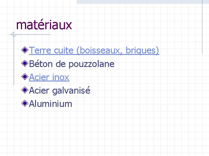 matériaux Terre cuite (boisseaux, briques) Béton de pouzzolane Acier inox Acier galvanisé Aluminium 