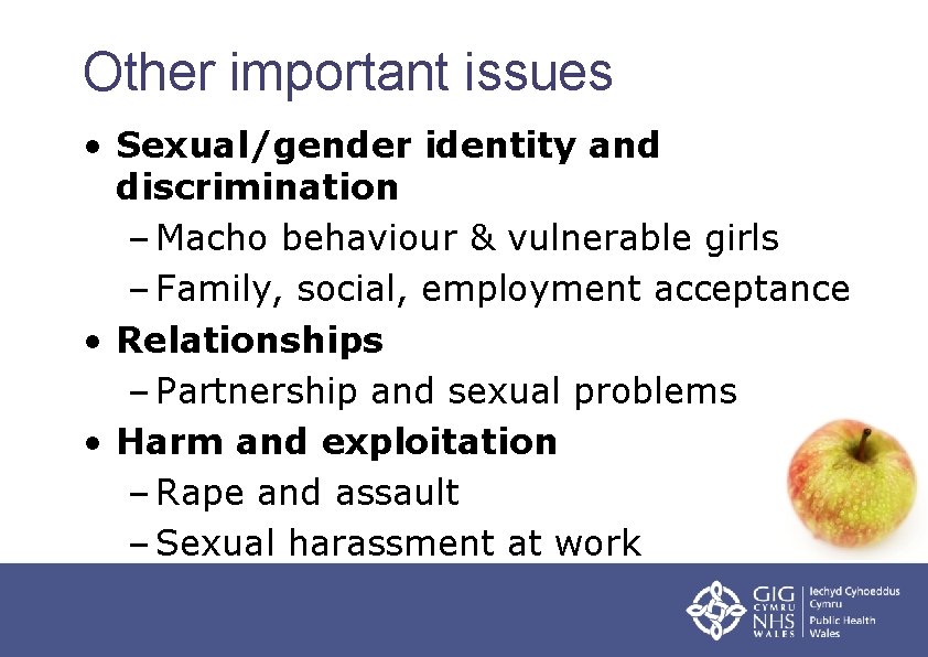 Other important issues • Sexual/gender identity and discrimination – Macho behaviour & vulnerable girls