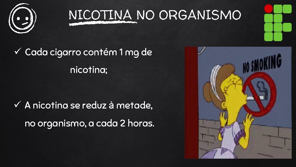 NICOTINA NO ORGANISMO ü Cada cigarro contém 1 mg de nicotina; ü A nicotina