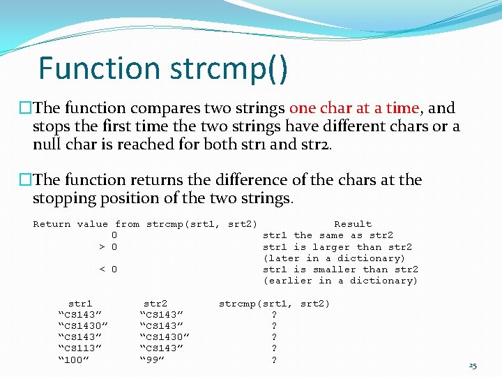 Function strcmp() �The function compares two strings one char at a time, and stops