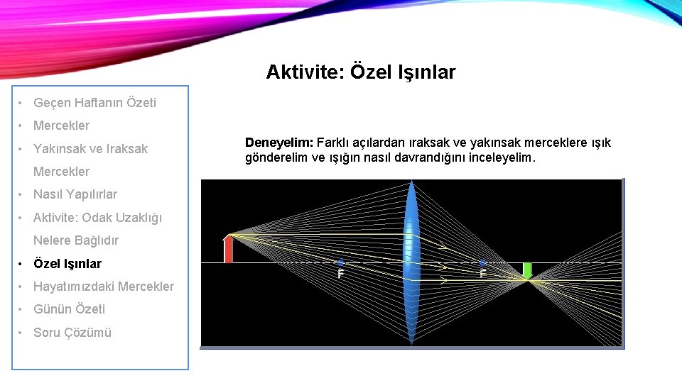 Aktivite: Özel Işınlar • Geçen Haftanın Özeti • Mercekler • Yakınsak ve Iraksak Mercekler