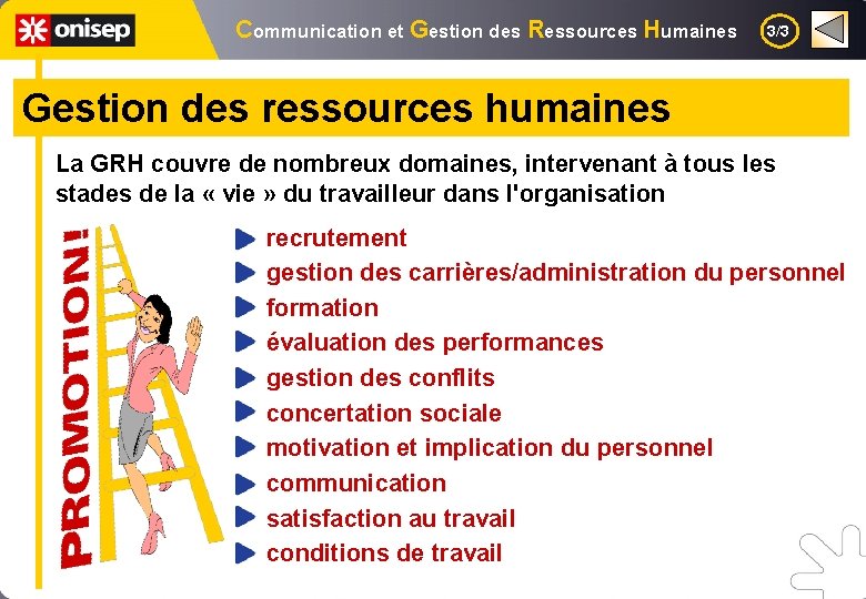 Communication et Gestion des Ressources Humaines 3/3 Gestion des ressources humaines La GRH couvre