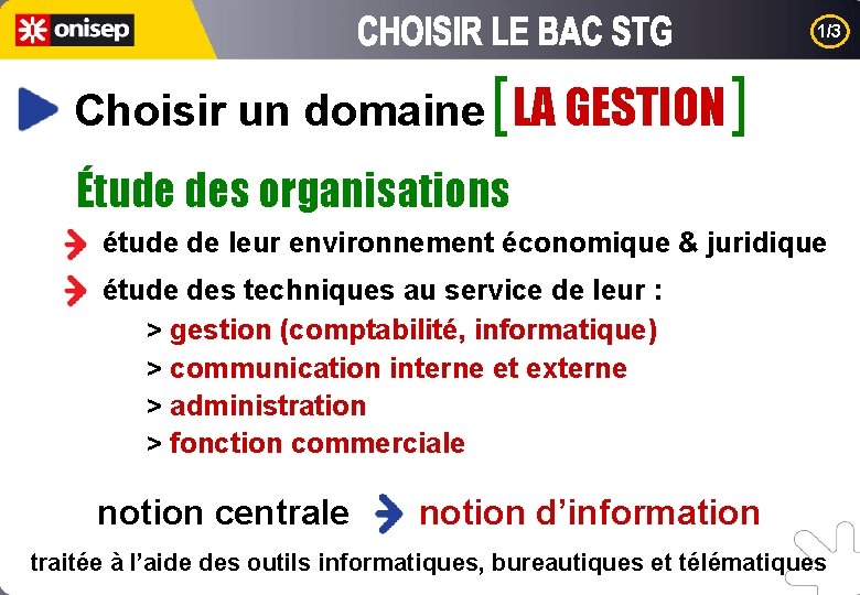 1/3 [ GESTION ] Choisir un domaine LA Étude des organisations étude de leur