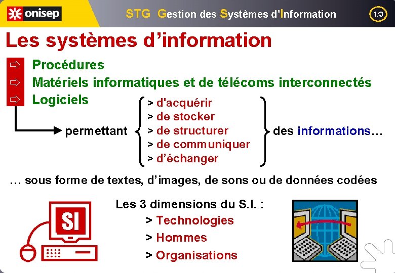 STG Gestion des Systèmes d’Information 1/3 Les systèmes d’information ð Procédures ð Matériels informatiques