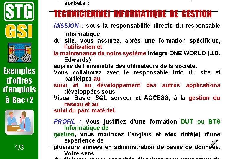 STG Exemples d’offres d’emplois à Bac+2 1/3 sorbets : TECHNICIEN(NE) INFORMATIQUE DE GESTION MISSION