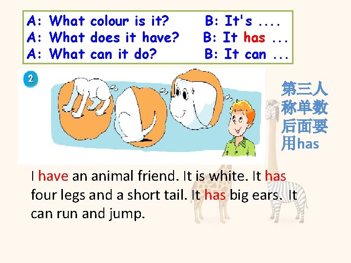 A: What colour is it? A: What does it have? A: What can it