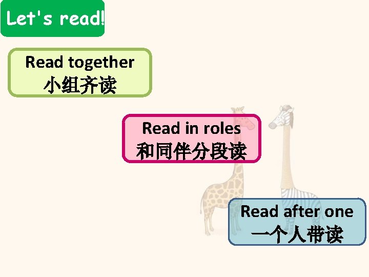Let's read! Read together 小组齐读 Read in roles 和同伴分段读 Read after one 一个人带读 