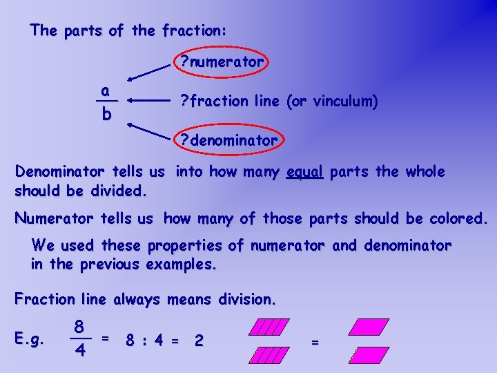 The parts of the fraction: ? numerator a __ b ? fraction line (or