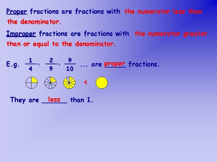 Proper fractions are fractions with the numerator less than the denominator. Improper fractions are