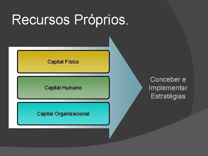 Recursos Próprios. Capital Físico Capital Humano Capital Organizacional Conceber e Implementar Estratégias 