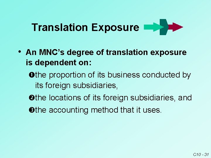 Translation Exposure • An MNC’s degree of translation exposure is dependent on: the proportion Translation Exposure • An MNC’s degree of translation exposure is dependent on: the proportion