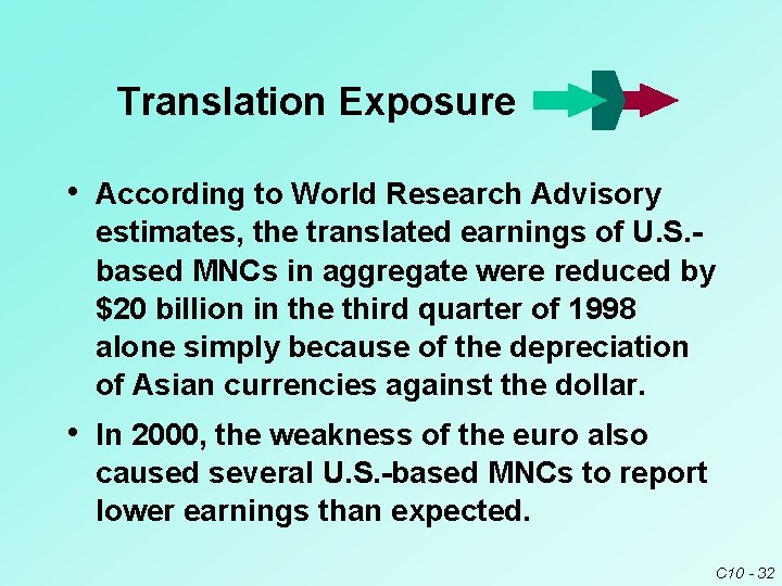 Translation Exposure • According to World Research Advisory estimates, the translated earnings of U. Translation Exposure • According to World Research Advisory estimates, the translated earnings of U.