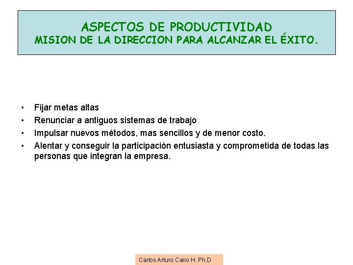 ASPECTOS DE PRODUCTIVIDAD MISION DE LA DIRECCION PARA ALCANZAR EL ÉXITO. • • Fijar ASPECTOS DE PRODUCTIVIDAD MISION DE LA DIRECCION PARA ALCANZAR EL ÉXITO. • • Fijar