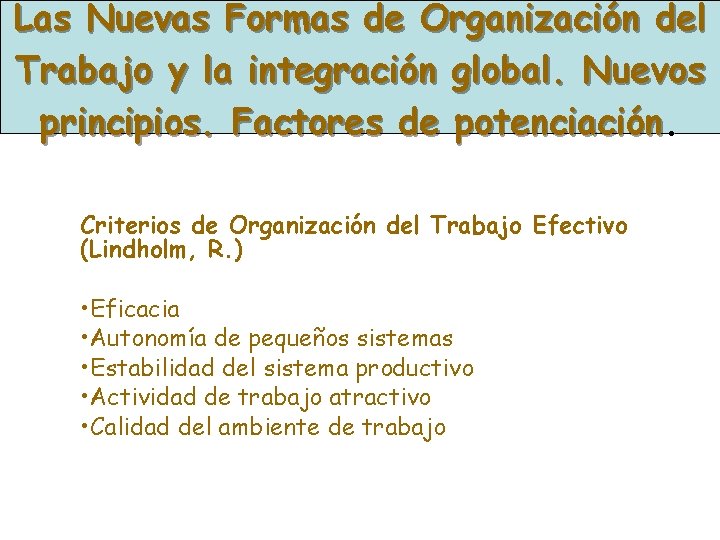 Las Nuevas Formas de Organización del Trabajo y la integración global. Nuevos principios. Factores Las Nuevas Formas de Organización del Trabajo y la integración global. Nuevos principios. Factores