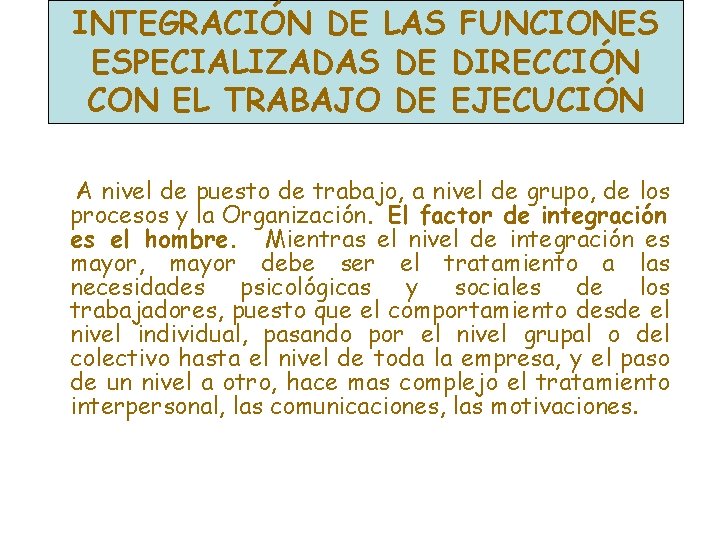 INTEGRACIÓN DE LAS FUNCIONES ESPECIALIZADAS DE DIRECCIÓN CON EL TRABAJO DE EJECUCIÓN A nivel INTEGRACIÓN DE LAS FUNCIONES ESPECIALIZADAS DE DIRECCIÓN CON EL TRABAJO DE EJECUCIÓN A nivel