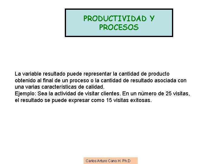 PRODUCTIVIDAD Y PROCESOS La variable resultado puede representar la cantidad de producto obtenido al PRODUCTIVIDAD Y PROCESOS La variable resultado puede representar la cantidad de producto obtenido al