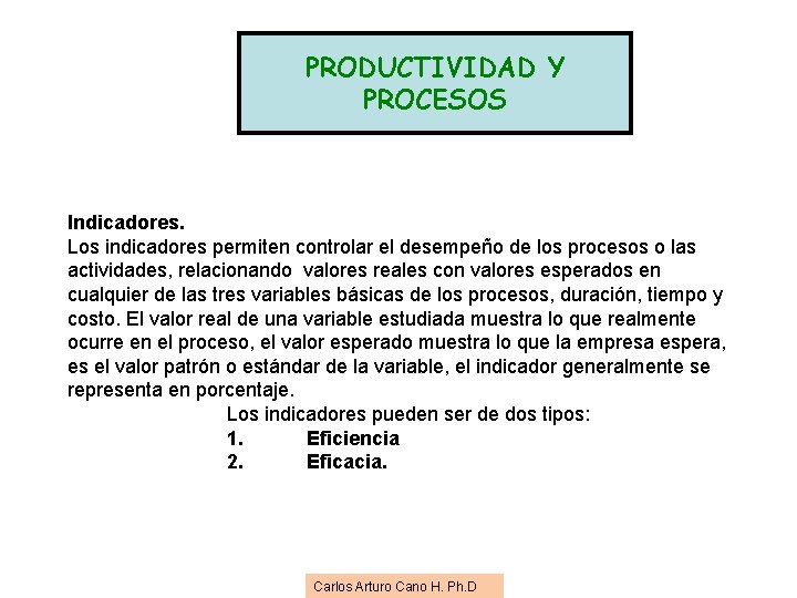 PRODUCTIVIDAD Y PROCESOS Indicadores. Los indicadores permiten controlar el desempeño de los procesos o PRODUCTIVIDAD Y PROCESOS Indicadores. Los indicadores permiten controlar el desempeño de los procesos o
