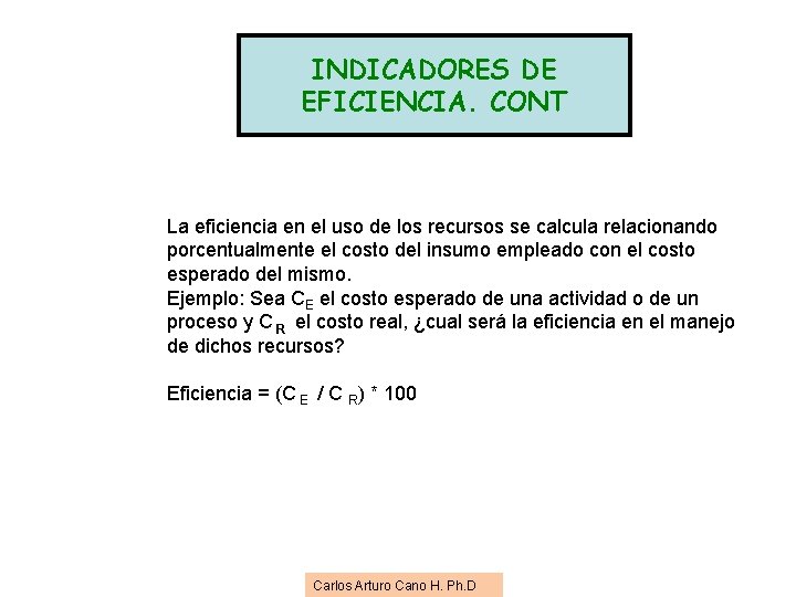 INDICADORES DE EFICIENCIA. CONT La eficiencia en el uso de los recursos se calcula INDICADORES DE EFICIENCIA. CONT La eficiencia en el uso de los recursos se calcula